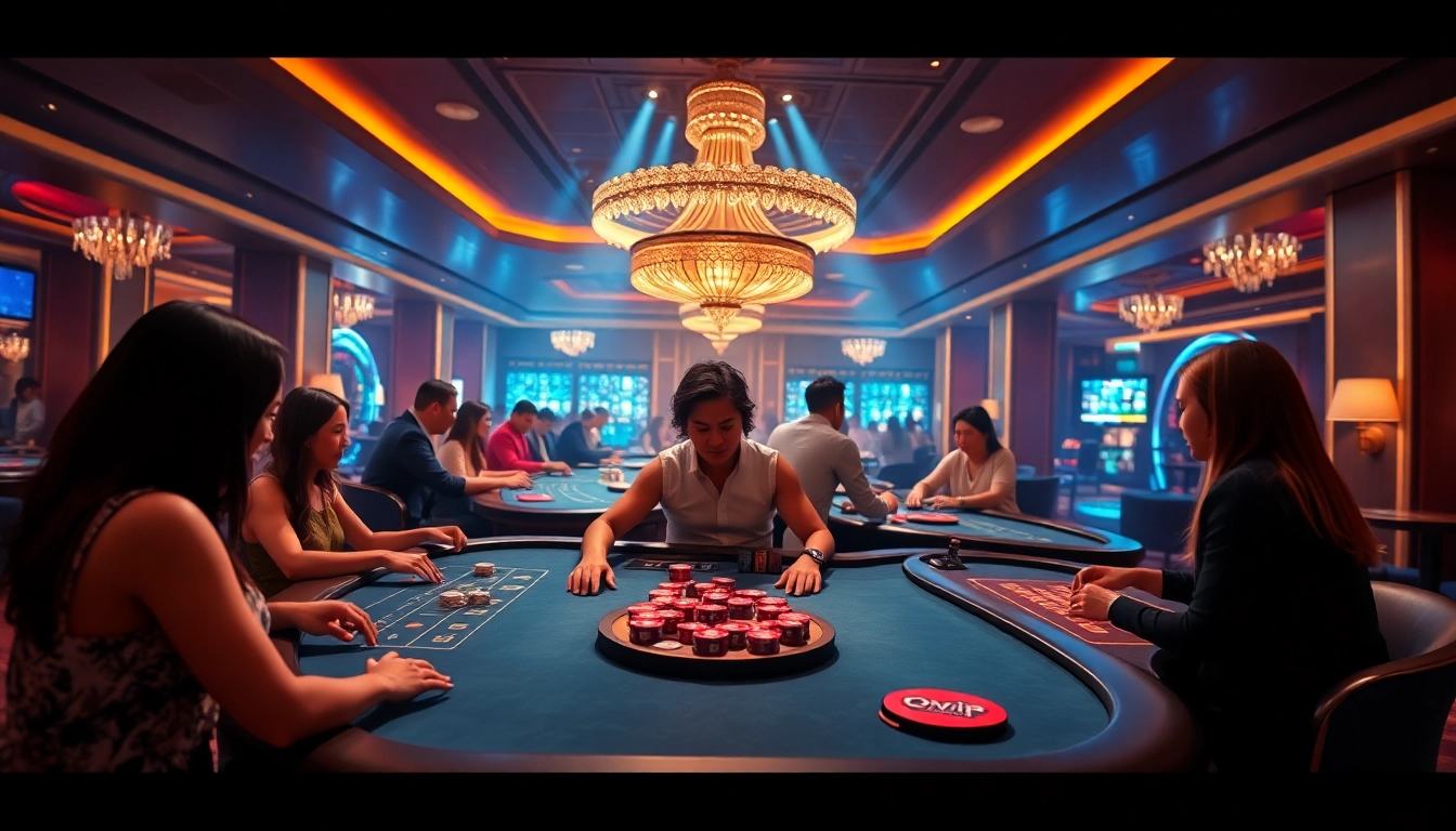 Dynamic online gaming scene at okvipwin.live featuring diverse players and luxurious casino ambiance.